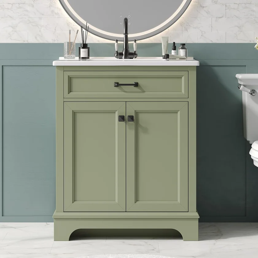 ONBRILL 28 Inch Modern Bathroom Vanity with Ceramic Sink, Freestanding with 2 Soft Closing Doors, Green