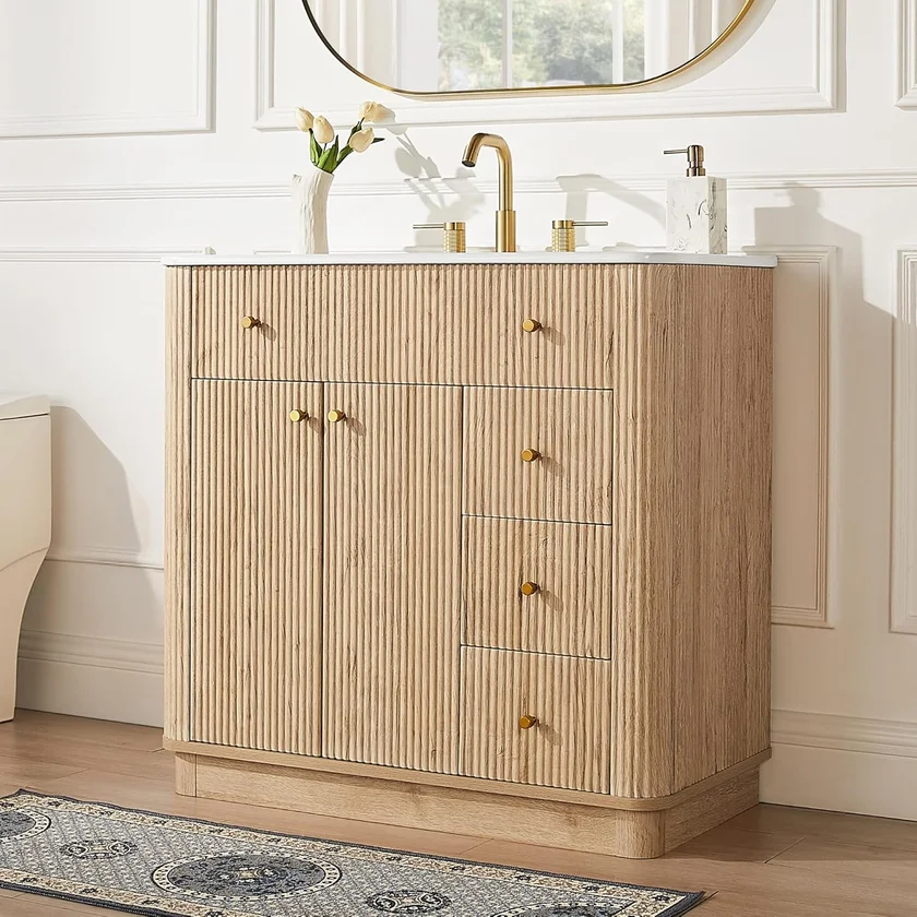 T4TREAM 36 Inch Bathroom Vanity with Sink, Modern Fluted Single Vanity with Storage Cabinet, Natural Oak