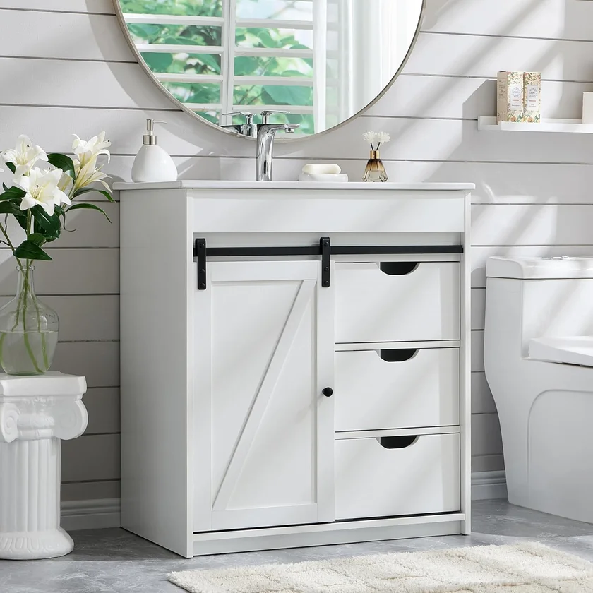 Aitjunz 30 Inch Farmhouse Bathroom Vanity with Sink and Barn Door